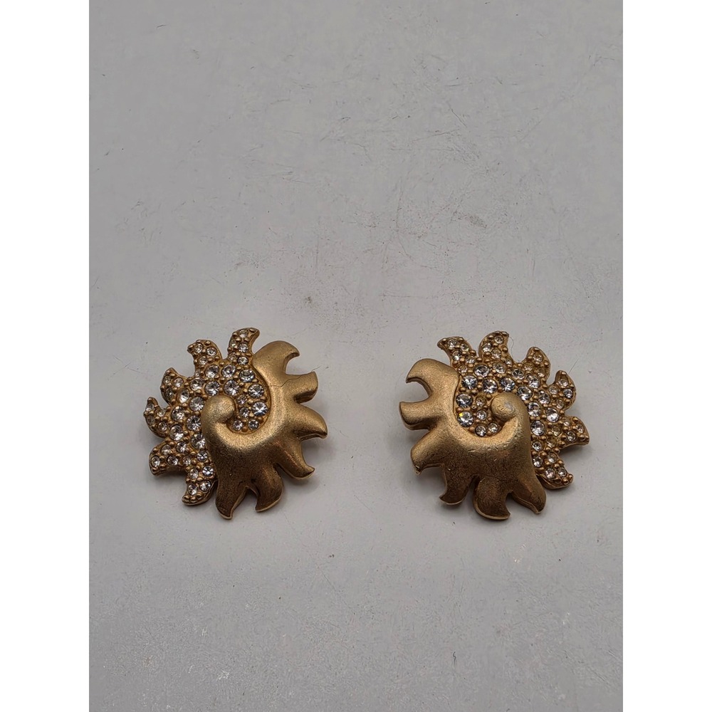 Swarovski‎ Vntg Sunburst Clip On Earrings Gold Tone Crystal Celestial Swan Logo